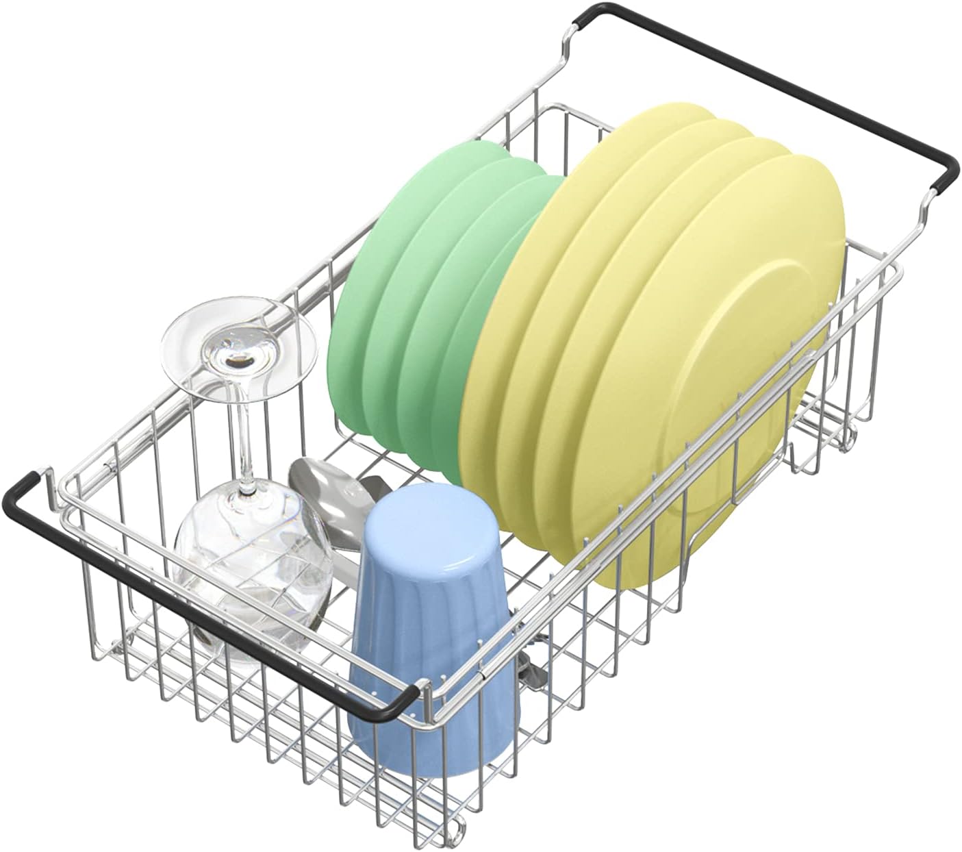 Adjustable stainless steel over-the-sink dish drying rack with dishes inside, set against a white background.