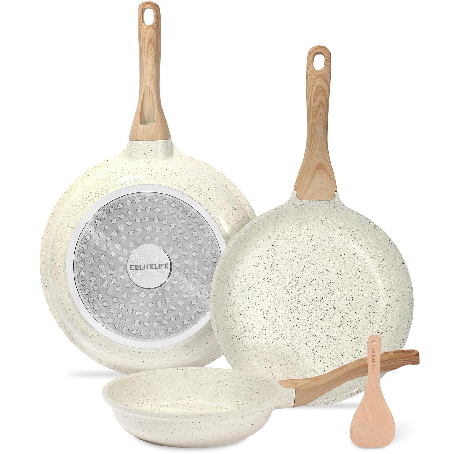 ESLITE LIFE Nonstick Ceramic Frying Pans Skillets Set with Lids, Non-Toxic Egg Omelette Kitchen Cooking Pans Compatible with All Stovetops (Gas, Electric & Induction), PTFE & PFOA Free (White)