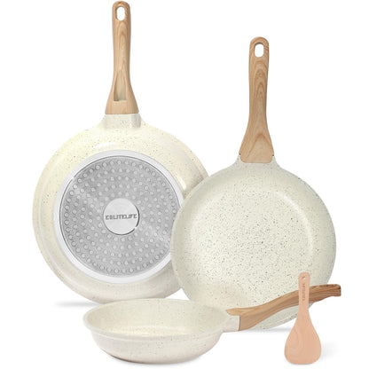 ESLITE LIFE Nonstick Ceramic Frying Pans Skillets Set with Lids, Non-Toxic Egg Omelette Kitchen Cooking Pans Compatible with All Stovetops (Gas, Electric & Induction), PTFE & PFOA Free (White)