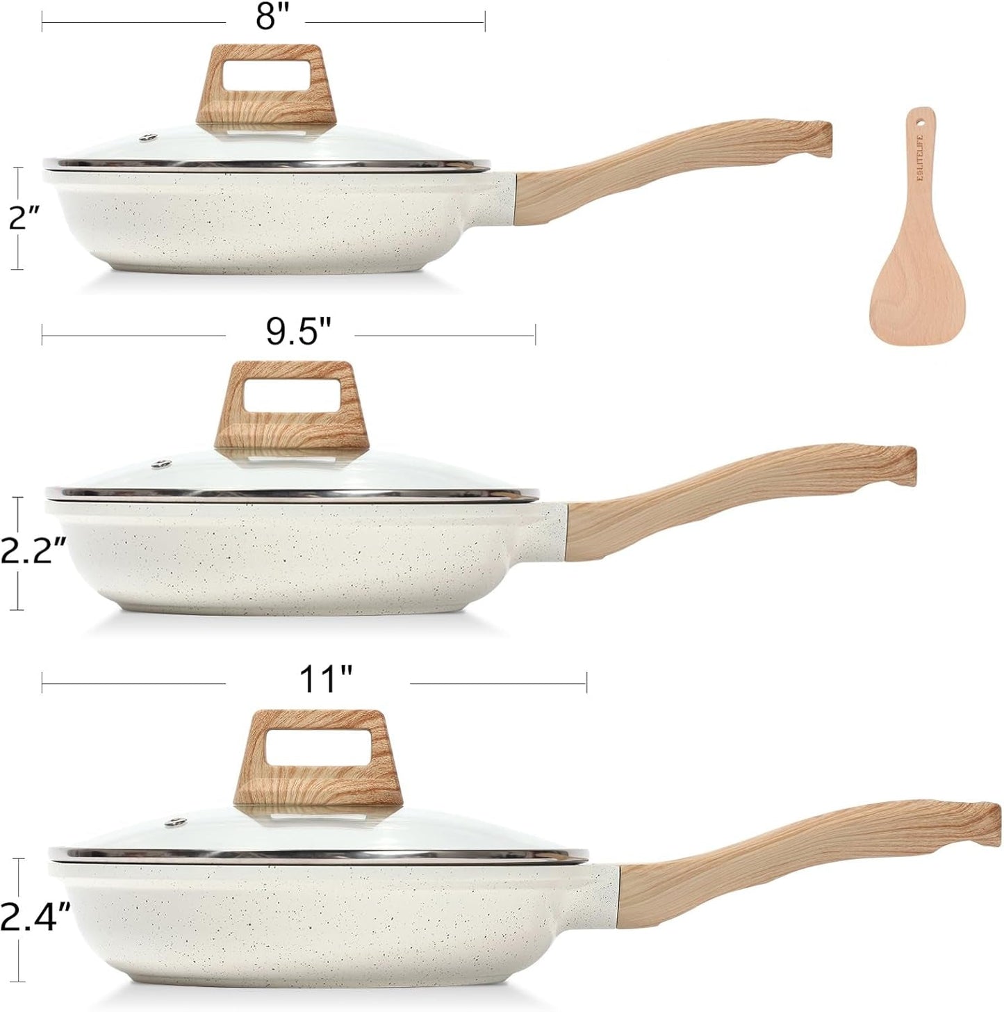 ESLITE LIFE Nonstick Ceramic Frying Pans Skillets Set with Lids, Non-Toxic Egg Omelette Kitchen Cooking Pans Compatible with All Stovetops (Gas, Electric & Induction), PTFE & PFOA Free (White)