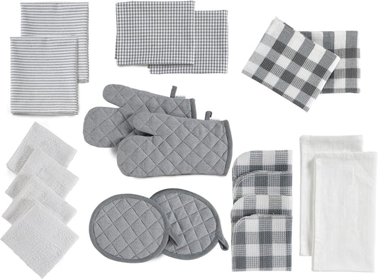 LANE LINEN Kitchen Towels and Dishcloths Sets - 20 Pc Kitchen Essentials for New Home, Heat Resistant Oven Mitts & Pot Holder, Absorbent Flour Sack Dish Towels, Dish Towels for Kitchen - Grey